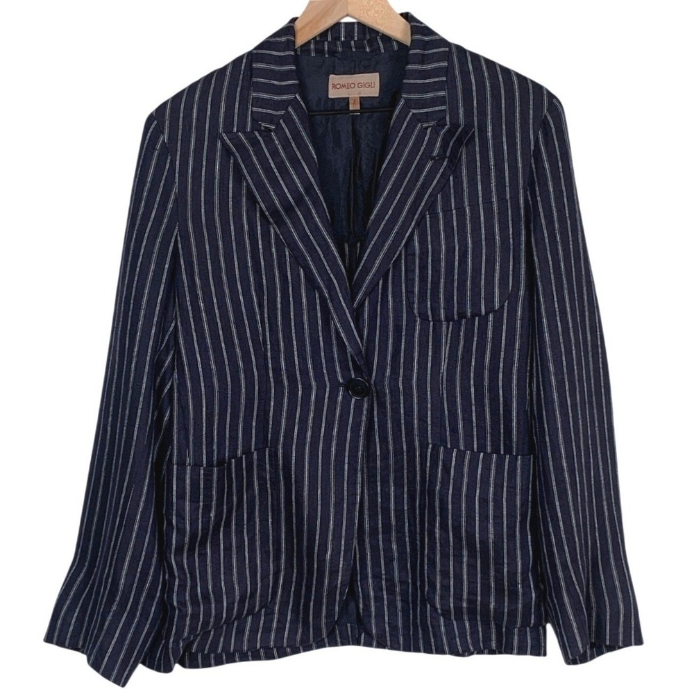 Vtg 90s ROMEO GIGLI Italy 100% Linen Pinstripe Blazer Sz IT 42 Navy Unstructured